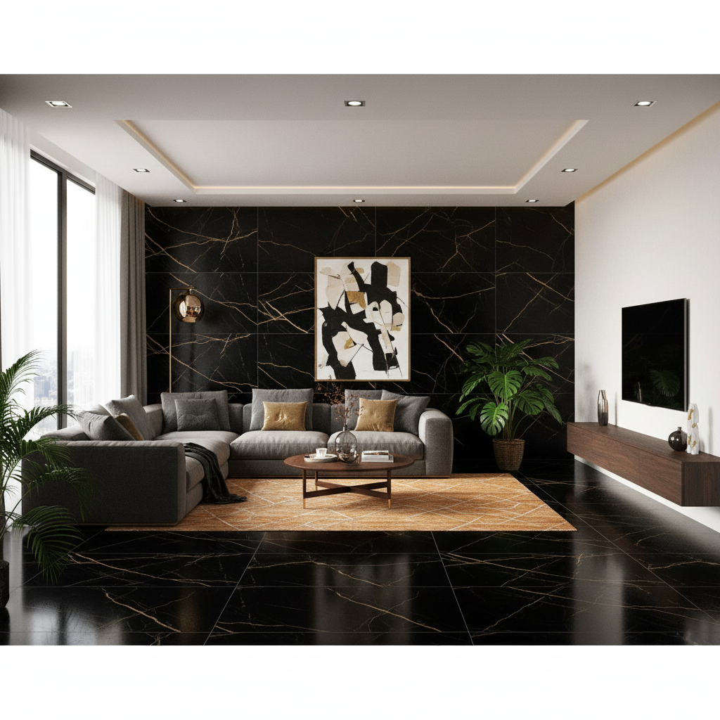 Atlantis black and gold matt porcelain wall and floor tiles with bold luxury finish.