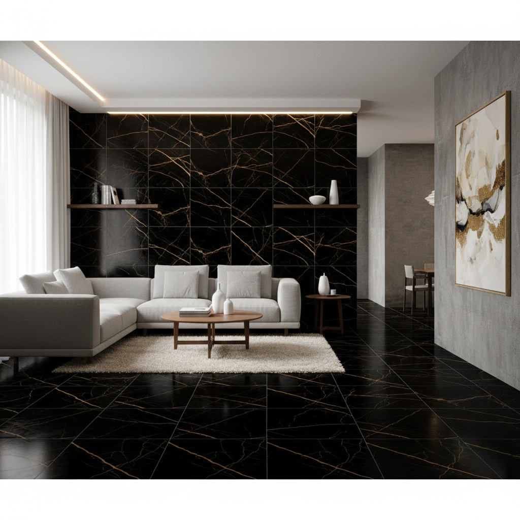 Atlantis Gold matt black porcelain wall and floor tiles with elegant gold veining for luxury interiors.