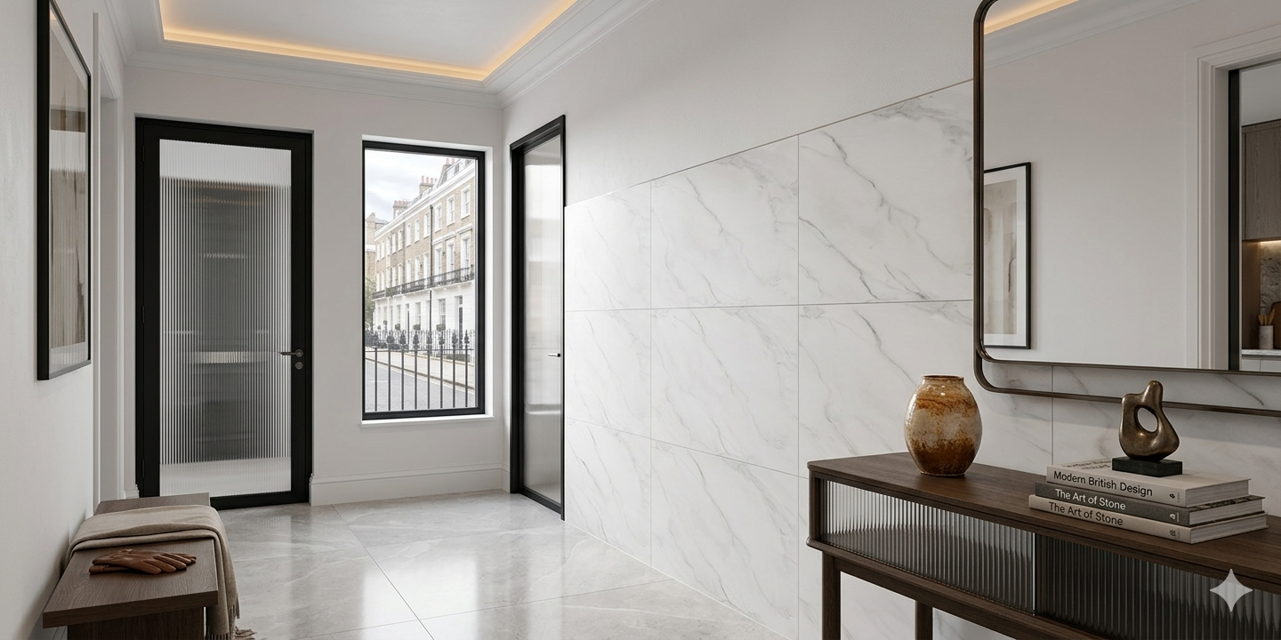 Basaltina Light white marble effect porcelain wall and floor tiles with a matt finish for modern interiors.
