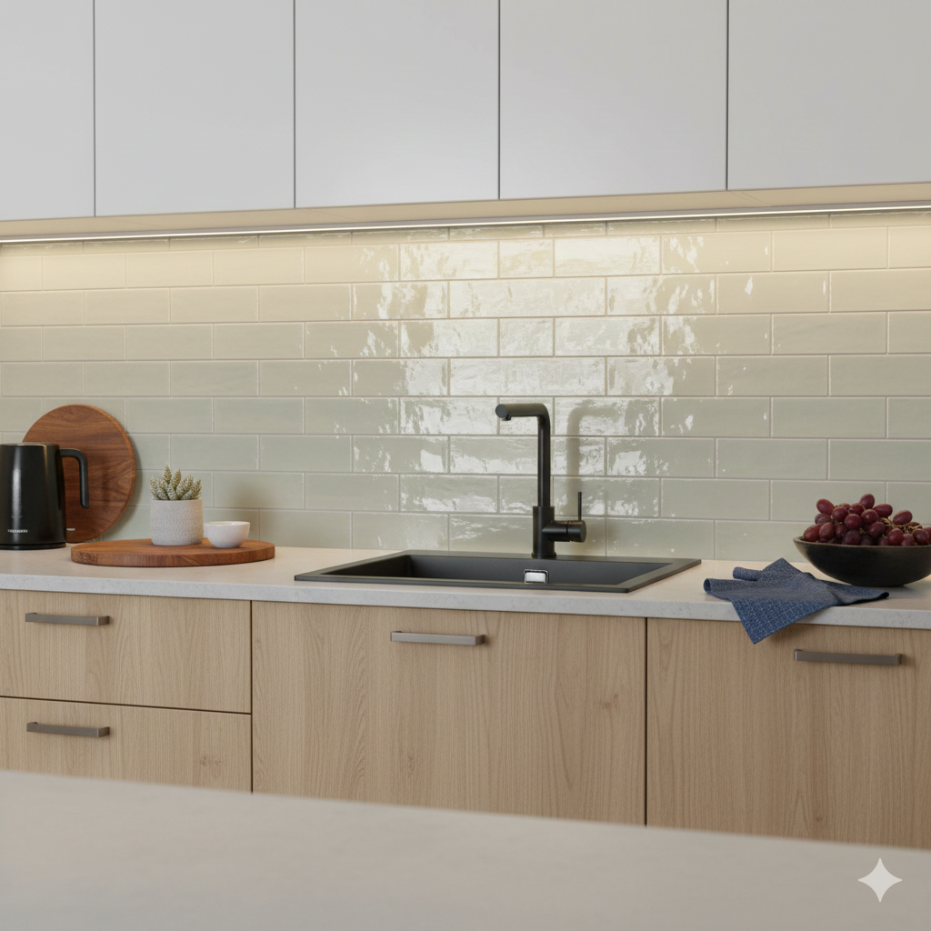 Beige porcelain wall and floor tiles in sleek 10x30 gloss format