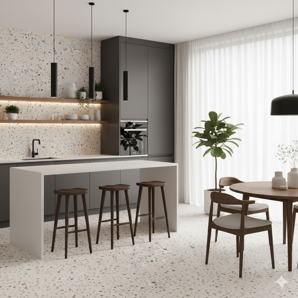Beige terrazzo effect ceramic wall and floor tiles with matte finish for calm modern interiors.