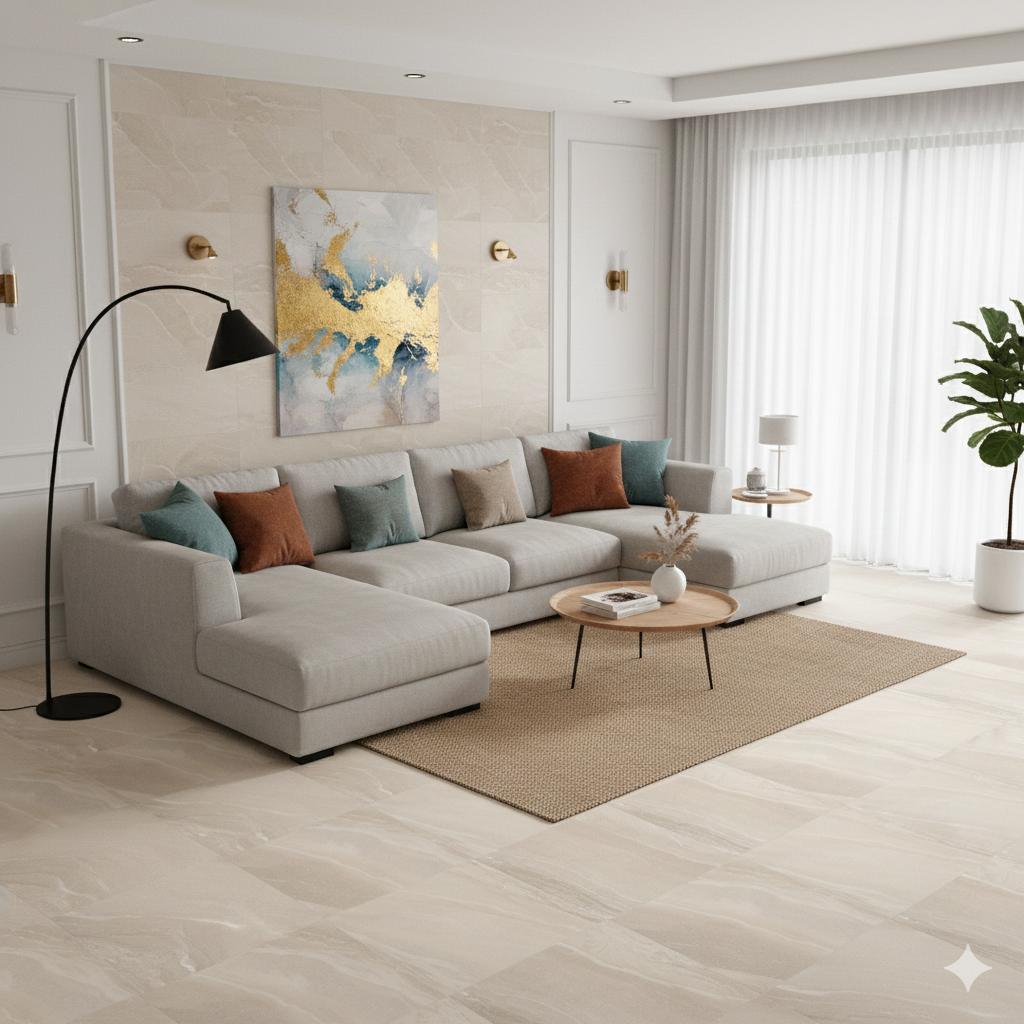 Bellagio Beige matt stone effect porcelain wall and floor tiles in warm beige and cream tones.