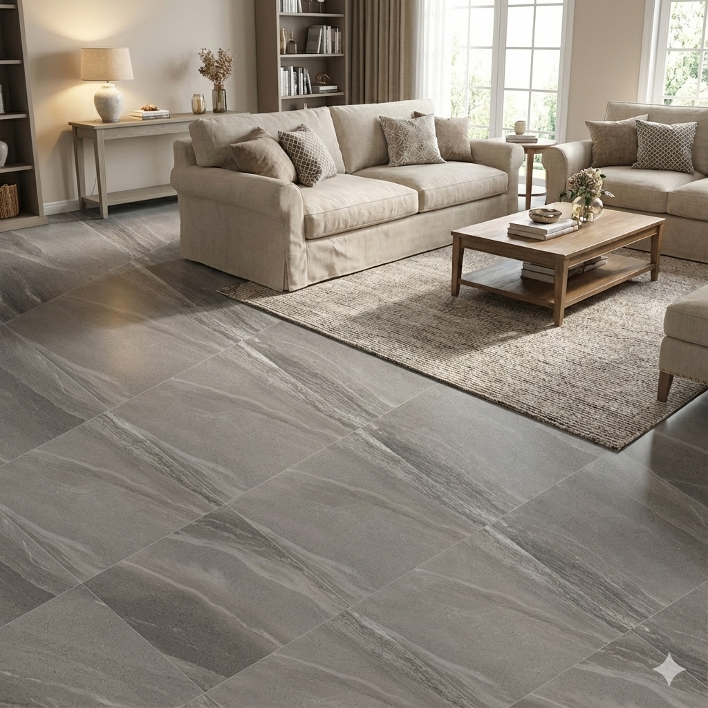 Bellagio Grey matt R10 porcelain wall and floor tiles with soft grey stone effect finish.