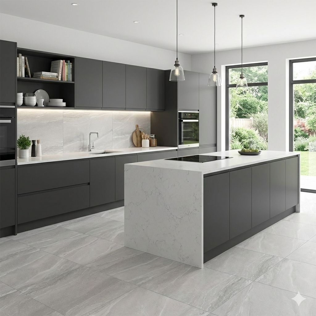 Bellagio Ice matt stone effect porcelain wall and floor tiles in soft neutral tones.