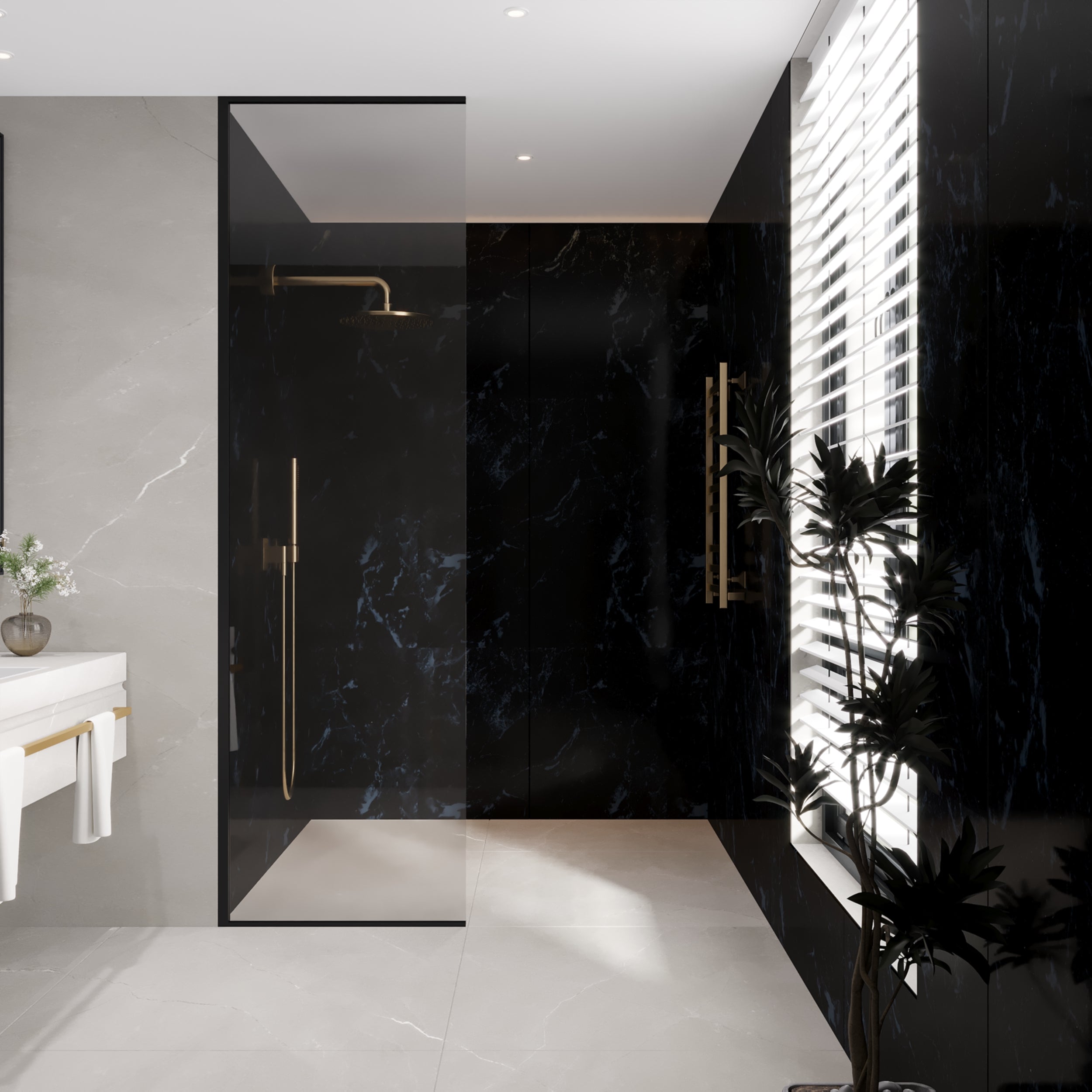 Black marble wall shower panels with waterfall veining in matte finish for modern bathrooms.