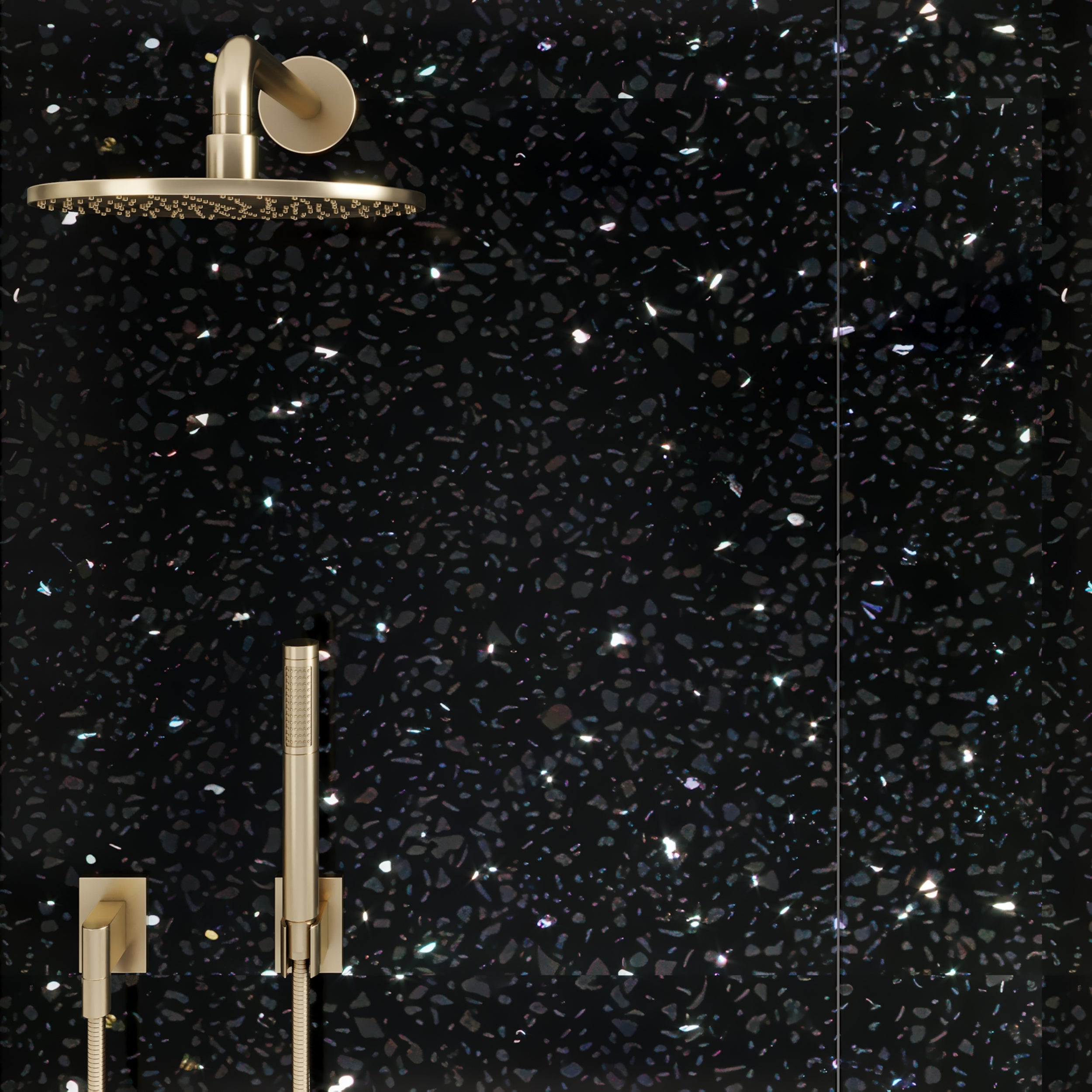 Black Sparkle Terrazzo PVC shower panels with galaxy effect for modern luxury bathrooms.