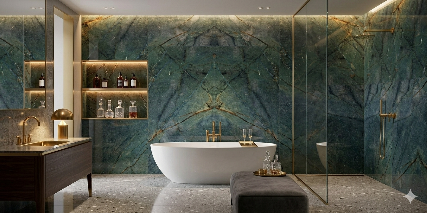 Blue marble effect porcelain wall and floor tiles with a high glossy finish.