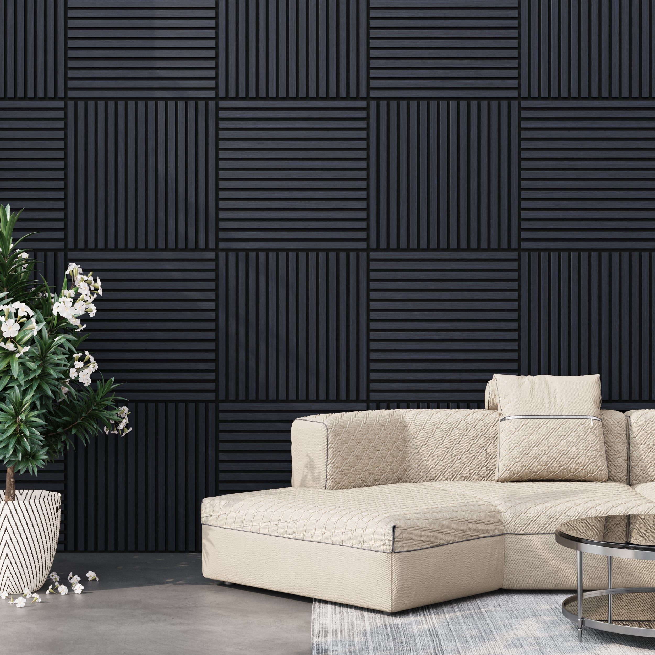 Bold black oak sound absorbing acoustic wall panels with slatted design for modern interiors, Acoustic Boards 60x60