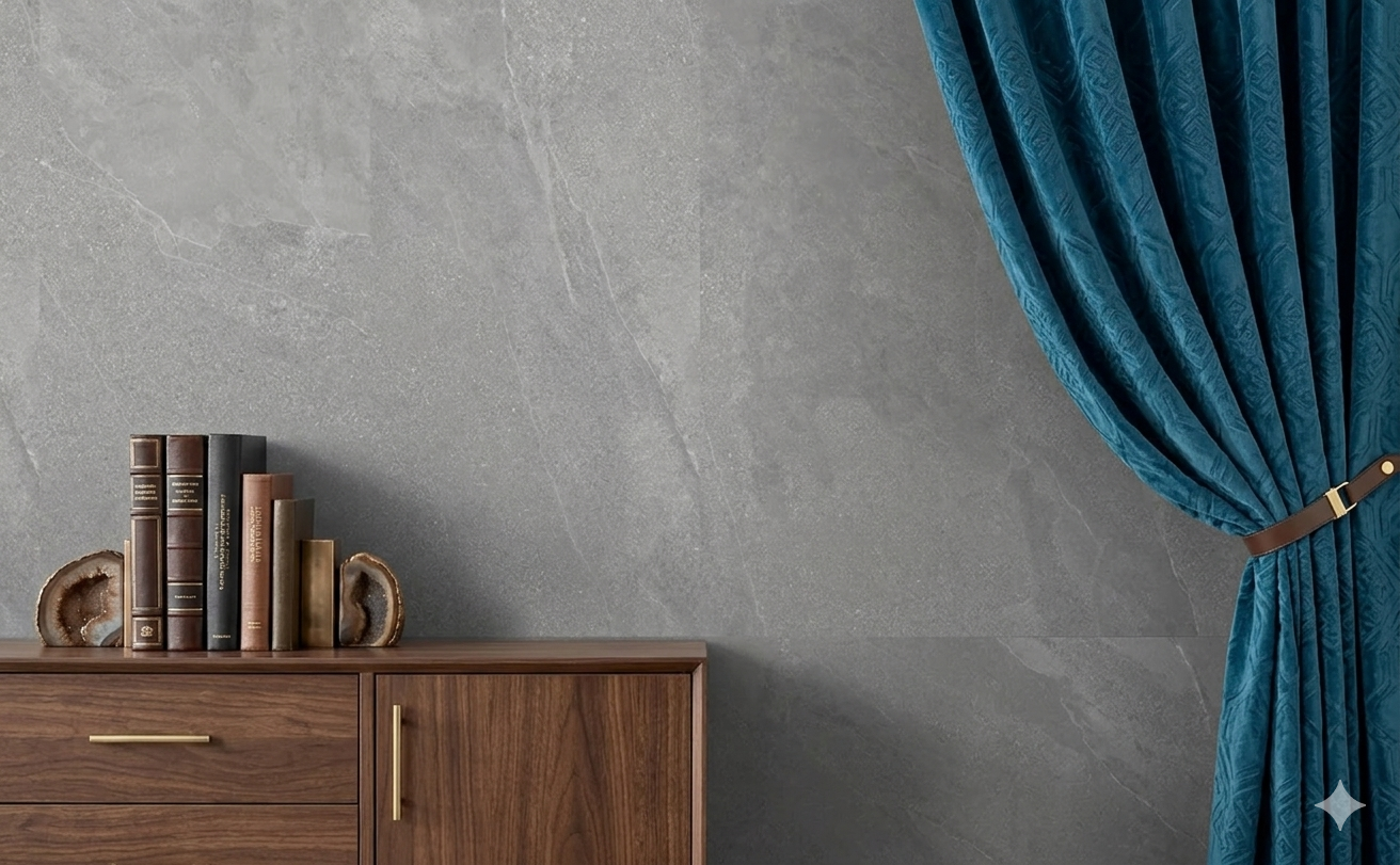 Brazzil grey porcelain wall and floor tiles with marble effect and matte geometric design.