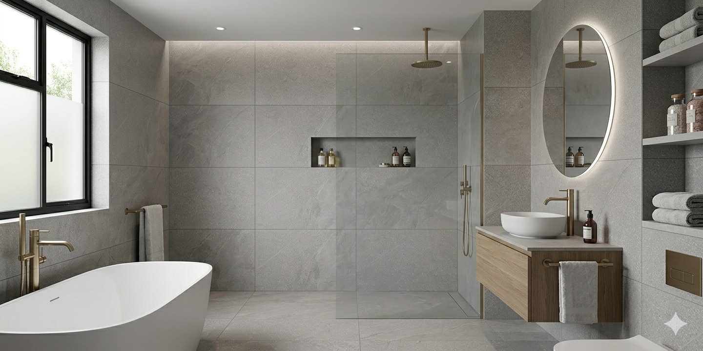 Brazzil Grey stone effect porcelain wall and floor tiles with a matt finish for contemporary interiors.