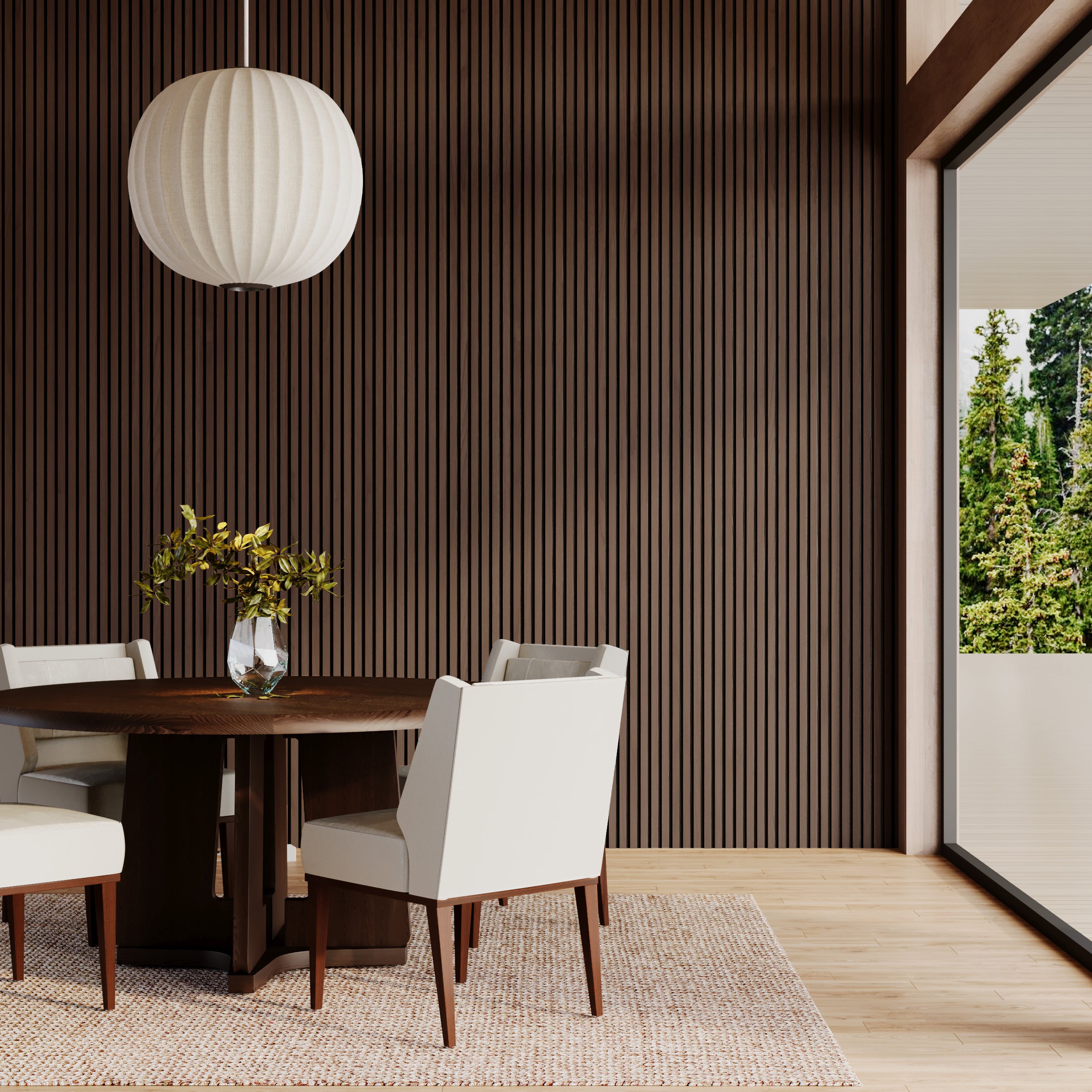 Brown oak soundproof acoustic wall panels with fluted texture for modern interiors.