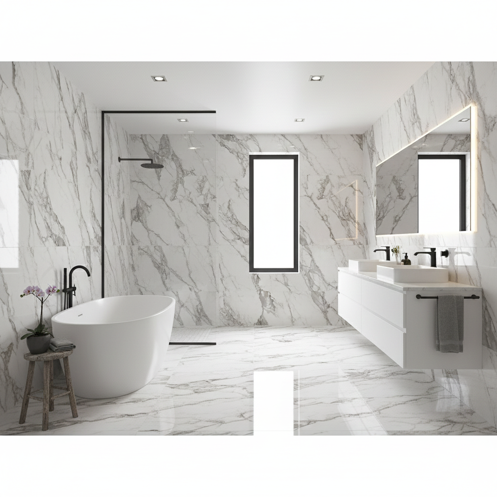 Calacatta Borghini Grey Polished Porcelain Wall And Floor Tiles with elegant marble effect for modern interiors.