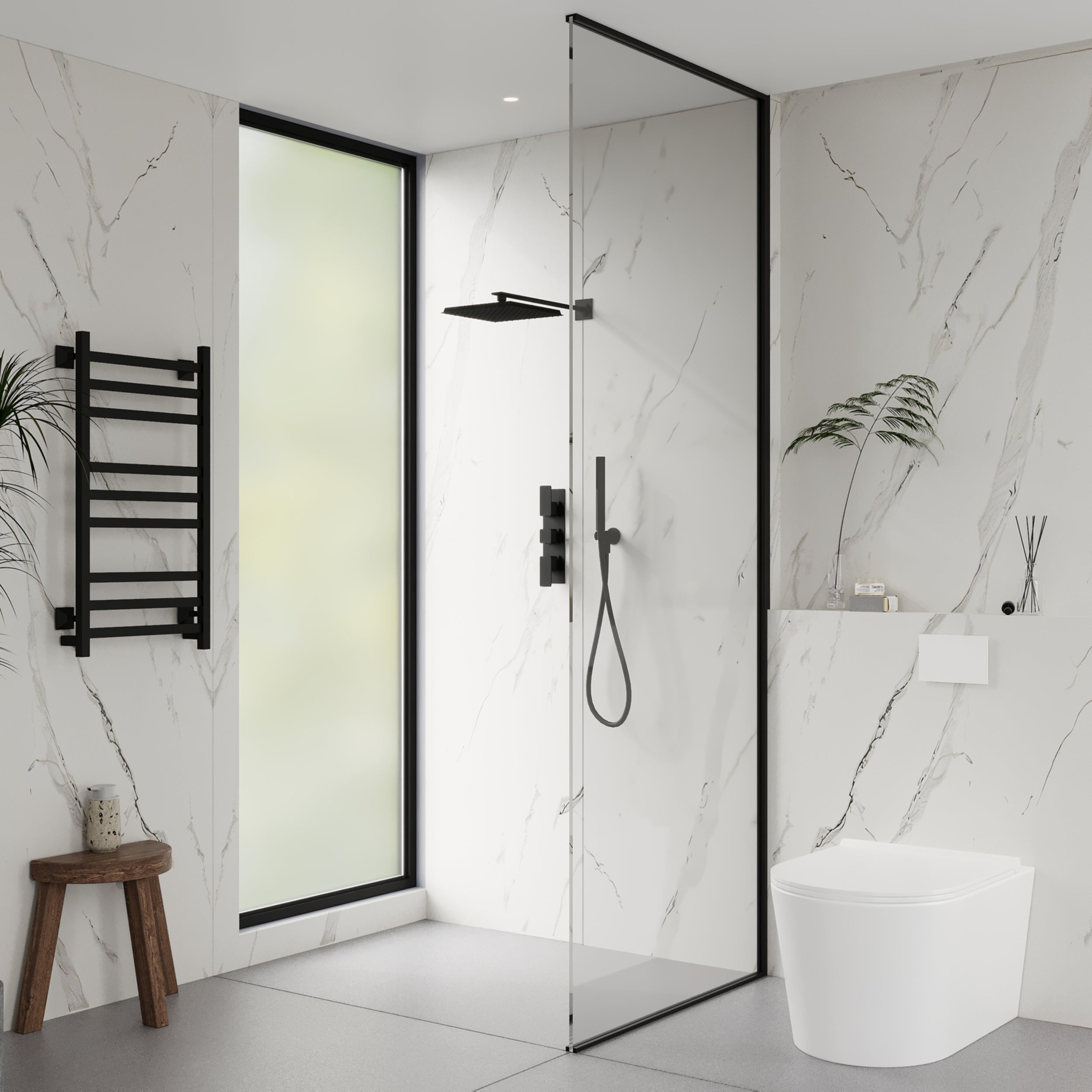 Seamless and lightweight Calacatta marble effect PVC wall panels, easy-to-clean and perfect for bathrooms or kitchens.