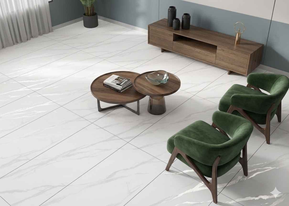 Calacatta Natural porcelain wall and floor tiles with white marble effect and carved finish.
