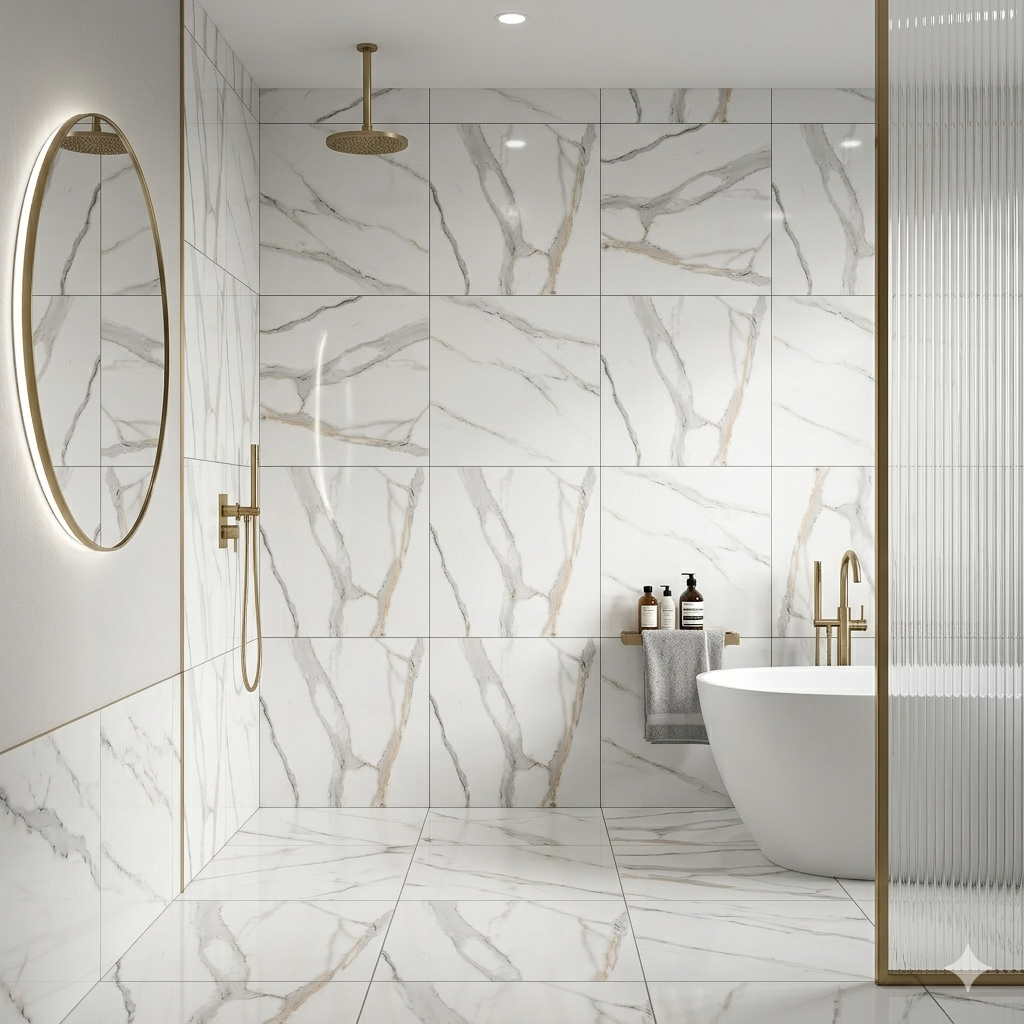 Calcutta Gold effect white porcelain wall and floor tiles with glossy marble detailing and luxurious appeal.
