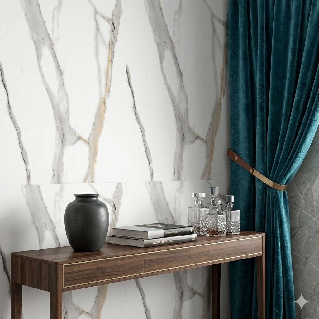 Calcutta white gold porcelain wall and floor tiles with glossy marble effect for luxury interiors.