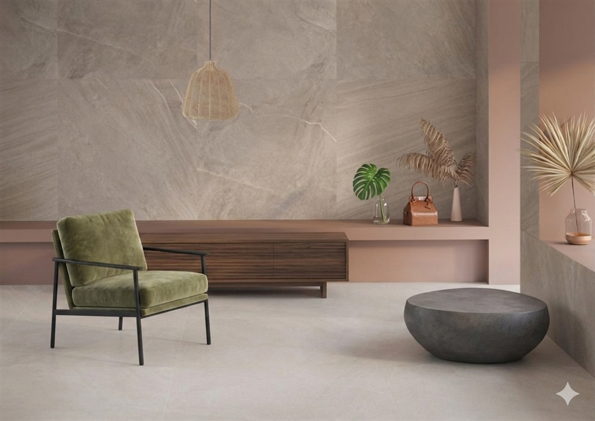 Cardostone beige porcelain wall and floor tiles with stone effect for modern interiors.