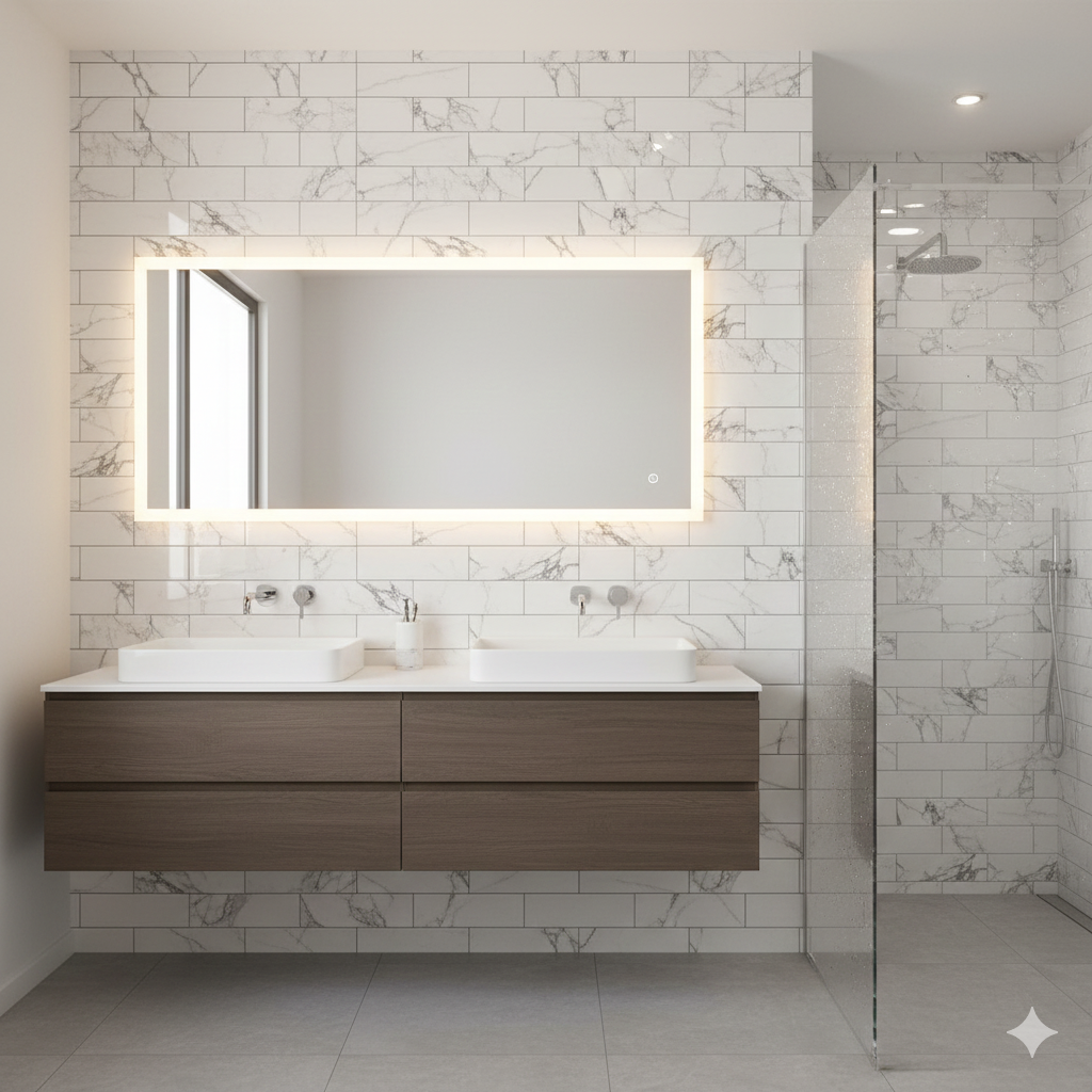 Carrara marble effect porcelain wall and floor tiles with gloss bevelled finish