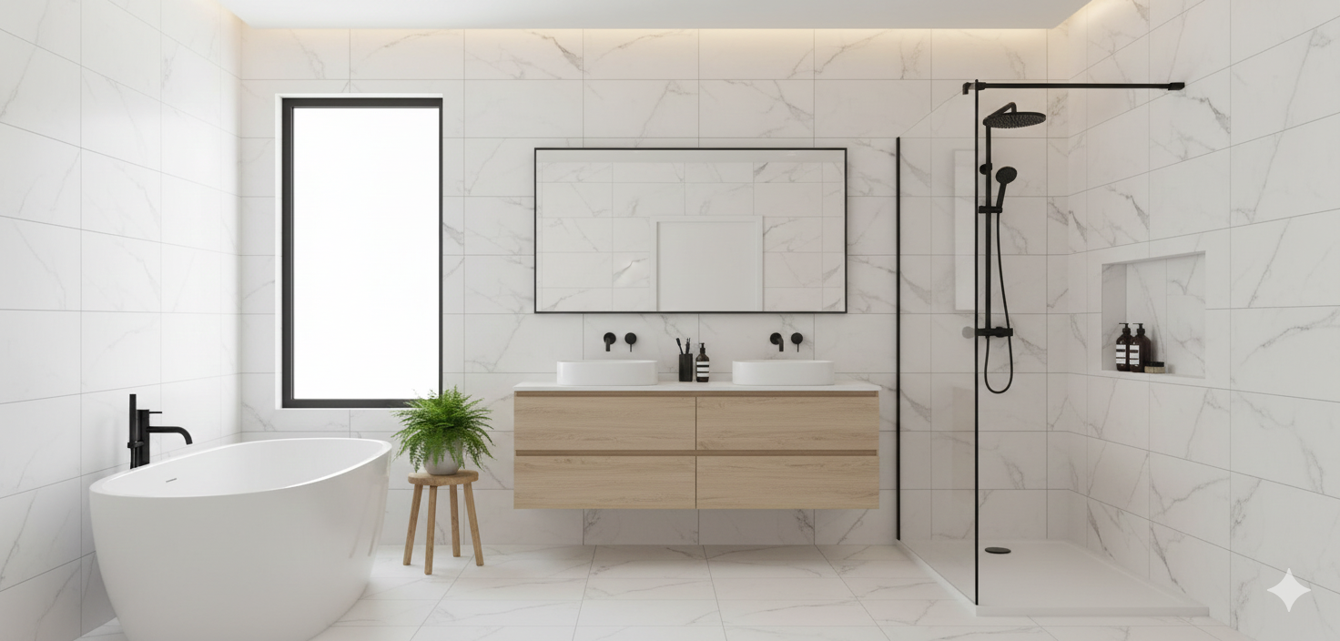 Carrara white gloss marble effect porcelain wall and floor tiles for modern interiors.
