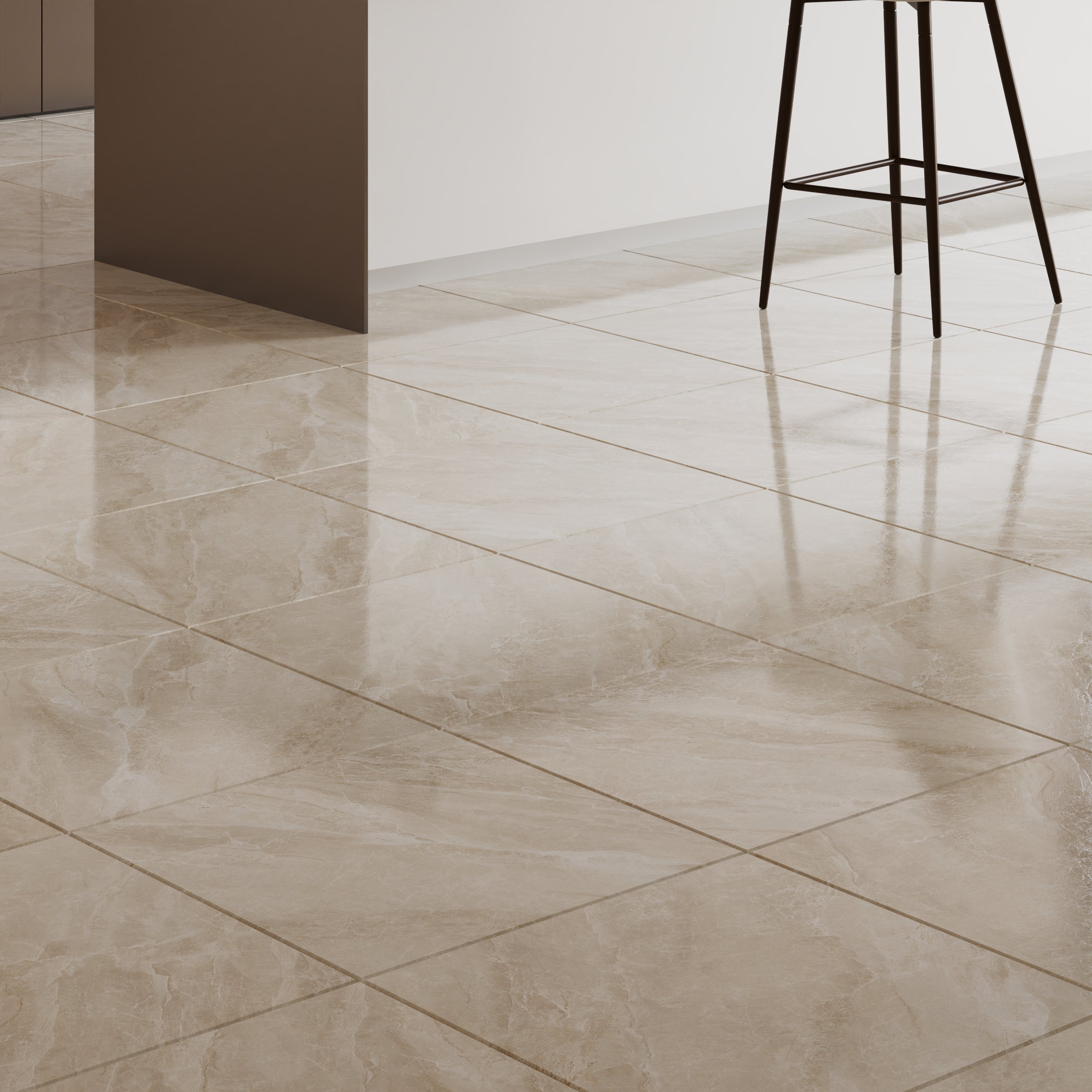 Large format 600x600mm Cashmere Crema Polished Porcelain Tiles for floors and walls.