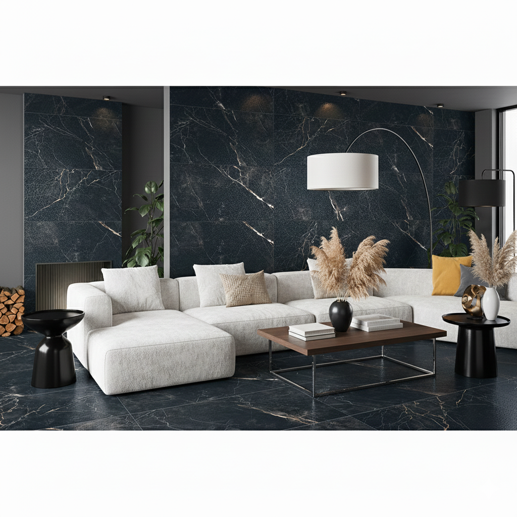 Costa Matt Porcelain Wall And Floor Tiles in deep black with subtle granular veins.