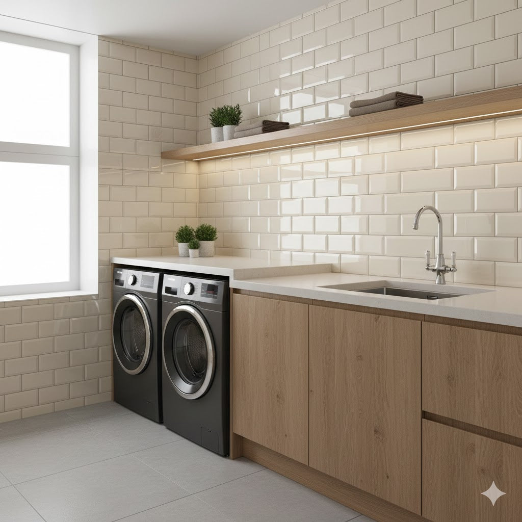Cream gloss bevelled porcelain wall and floor tiles in classic metro style