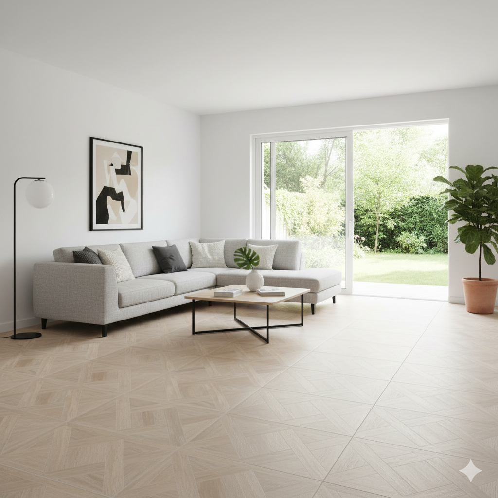 Cream wood-effect porcelain floor tiles in parquet pattern, perfect for contemporary and classic rooms.