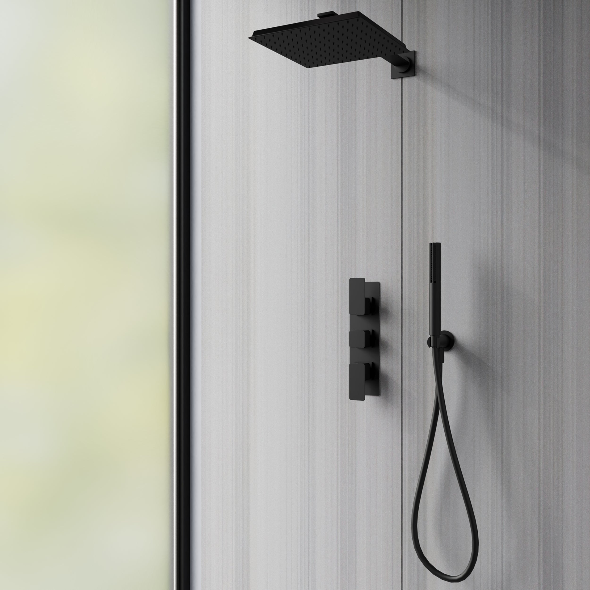 Sleek dark grey striped PVC shower wall panels, seamless, easy-to-clean, ideal for bathrooms and wetrooms.