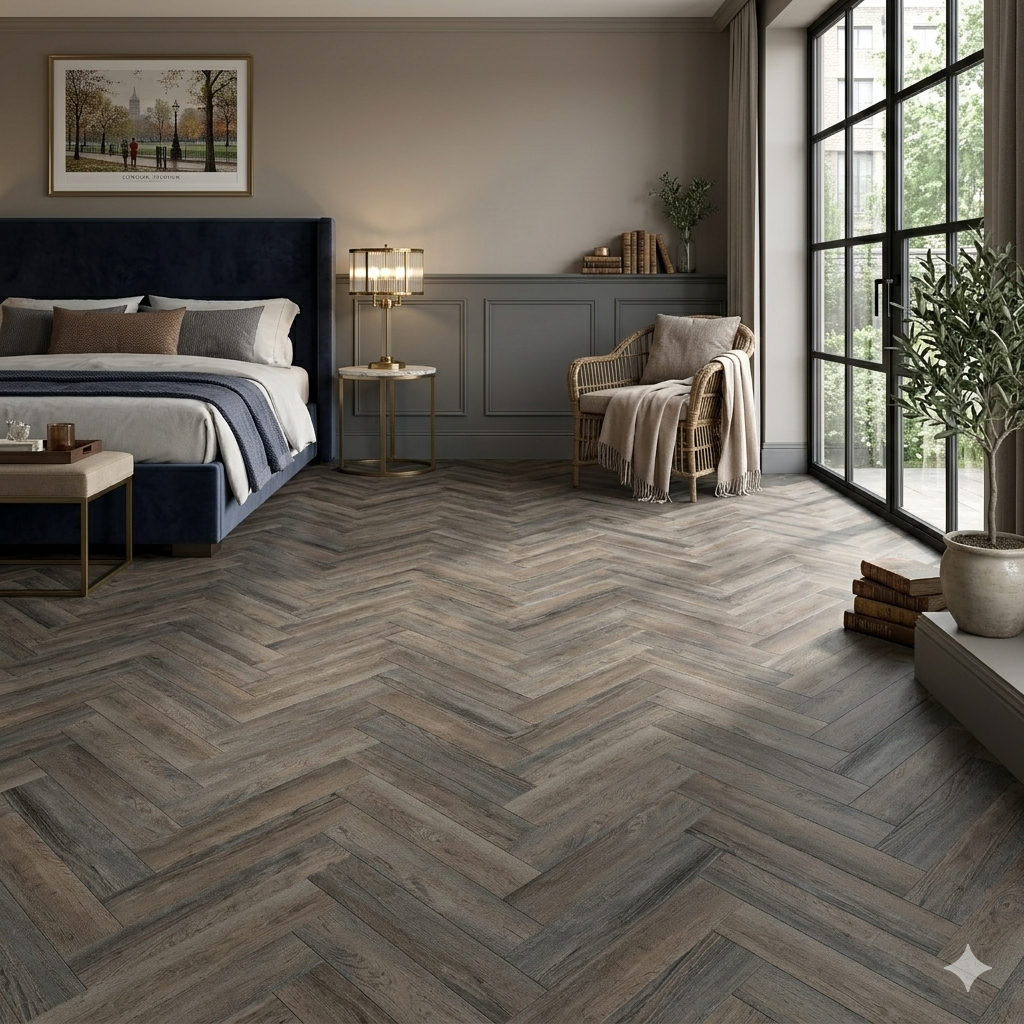 Dark Mahogany Brown herringbone LVT SPC Flooring with rich wood grain and premium matt finish