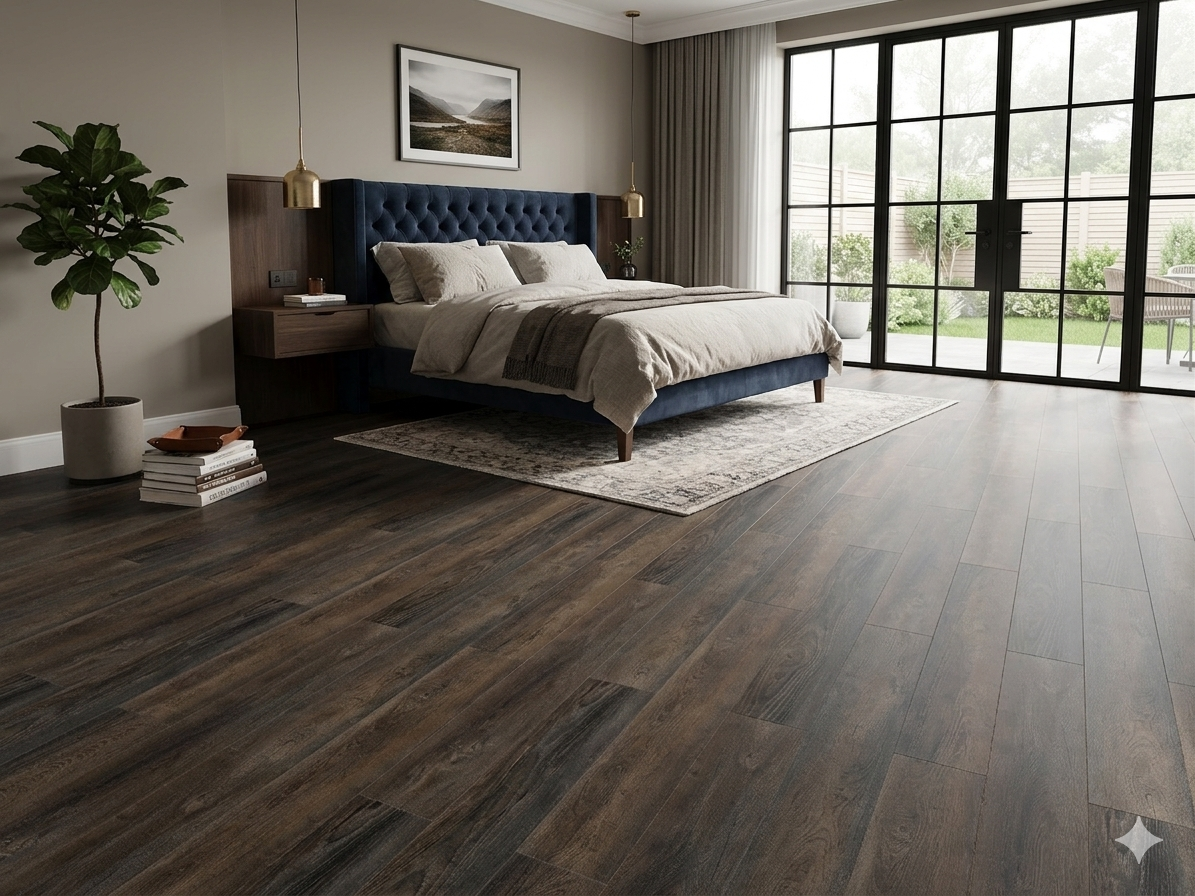 Dark Mahogany Brown LVT SPC Flooring with rich wood grain and premium matt finish for elegant interiors