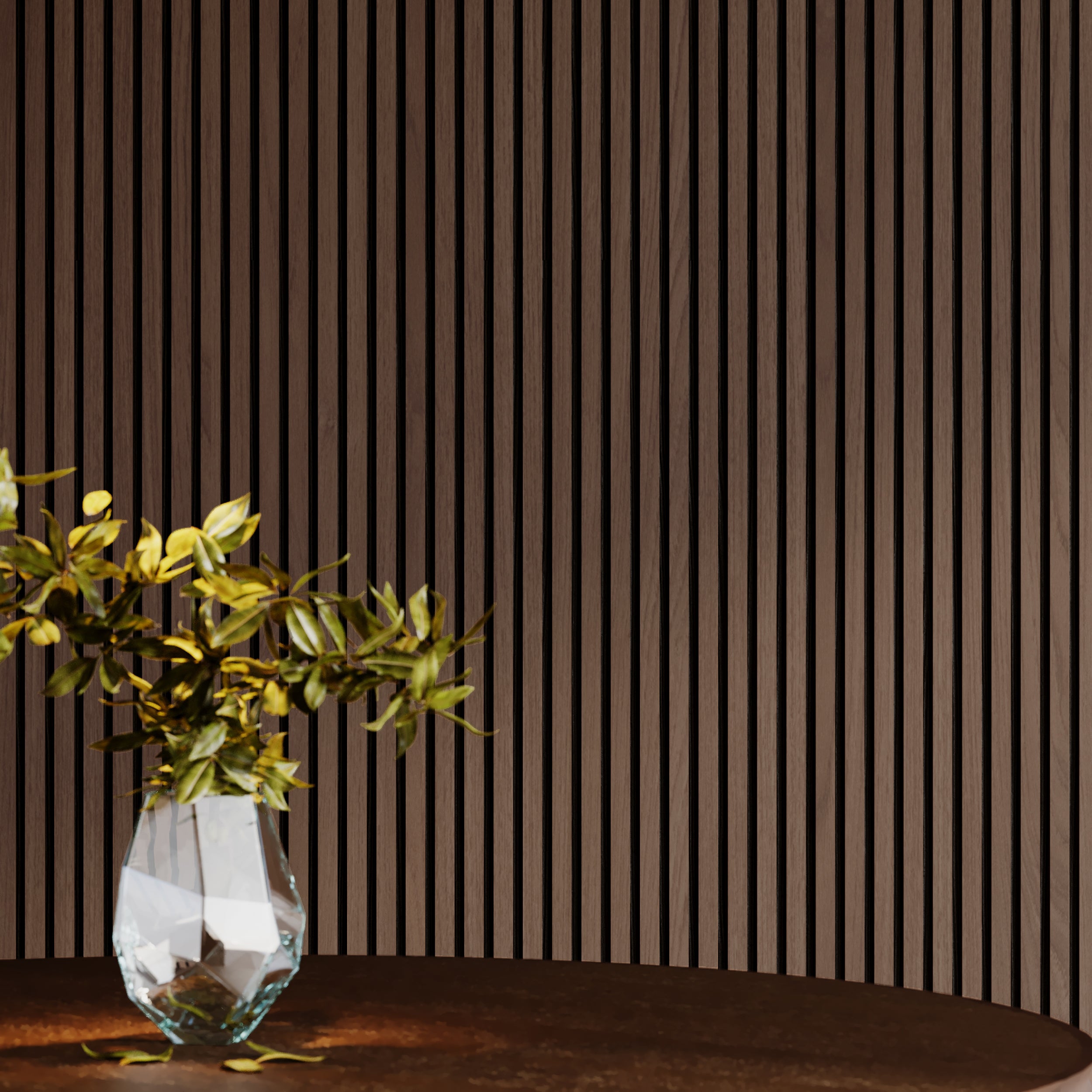 Decorative acoustic panels in dark oak finish reducing noise and enhancing room aesthetics.