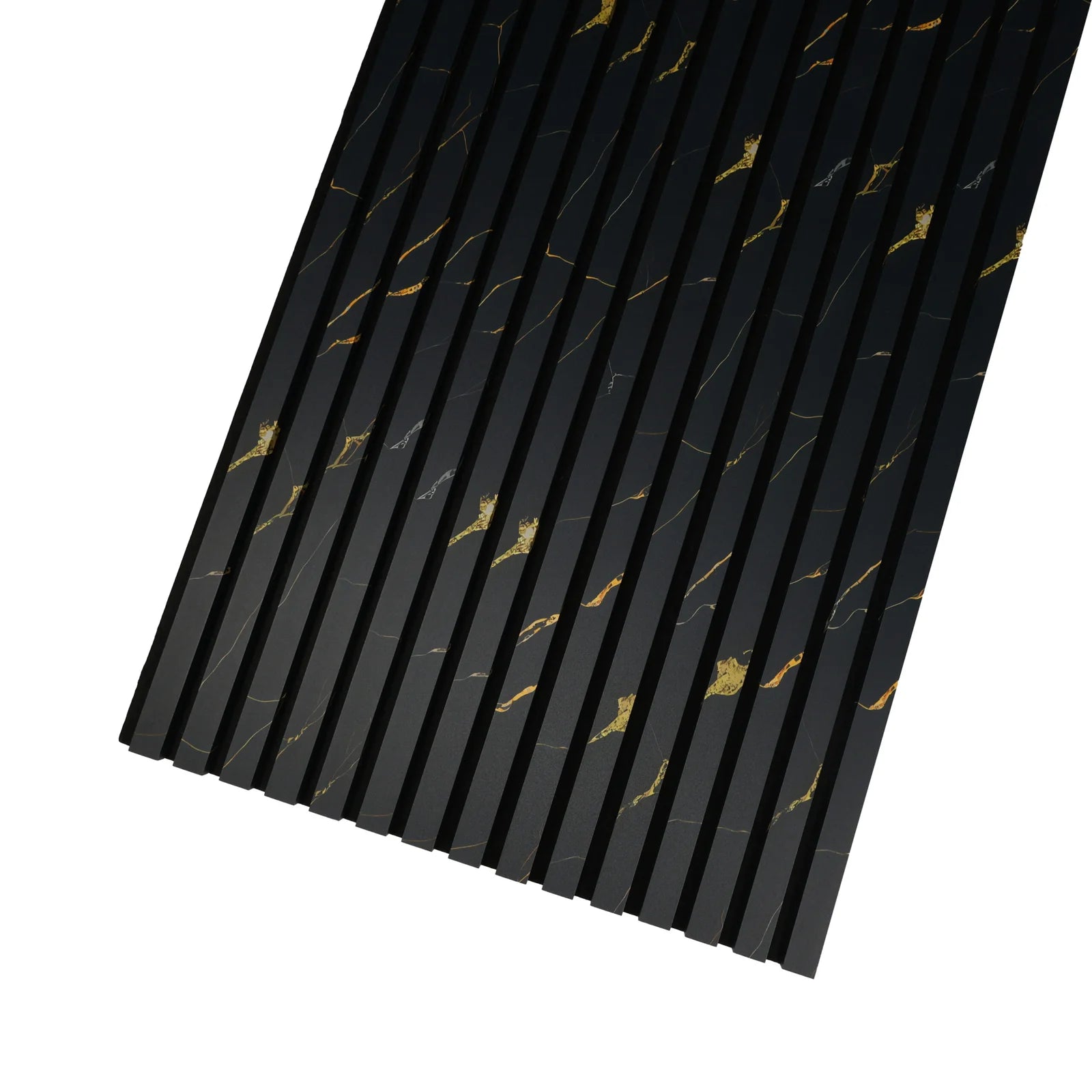 Decorative acoustic wood panels with black marble effect and gold veining for modern commercial spaces