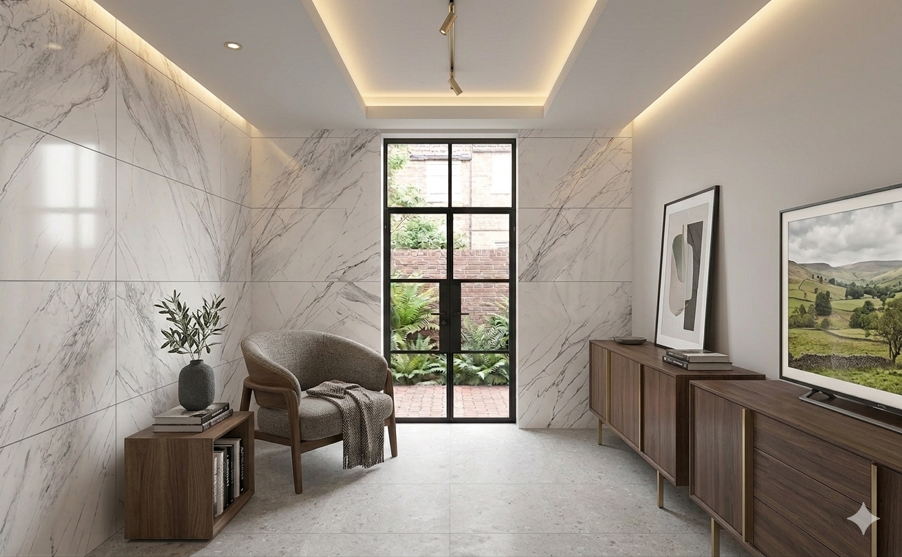 Derby carved white marble effect porcelain wall and floor tiles with a textured premium finish.