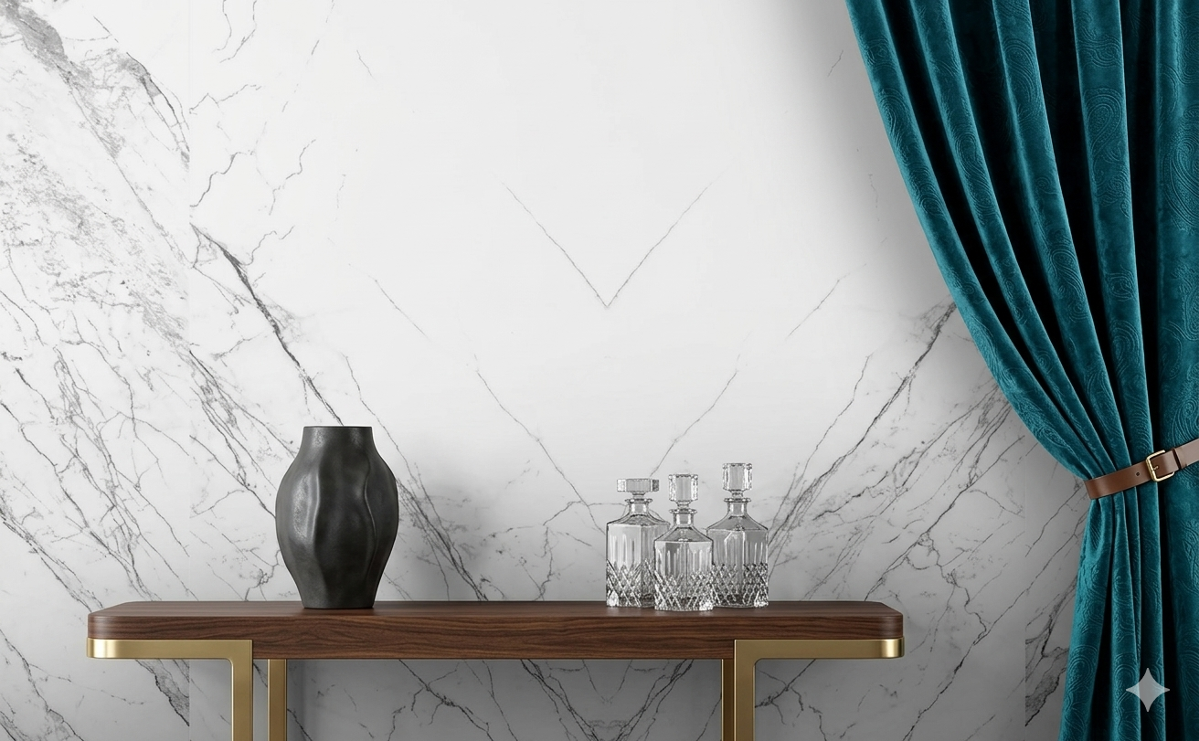 Derby White porcelain wall and floor tiles with carved marble effect for luxury interiors.