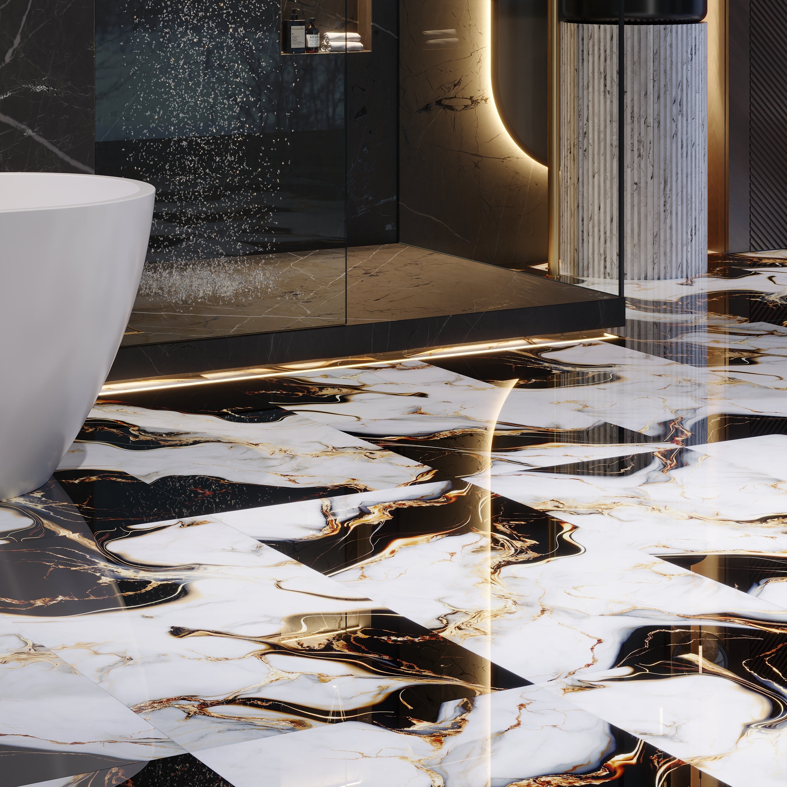 Glossy Ebilon Black Porcelain Floor Tiles featuring black, white, and gold marble-inspired design.