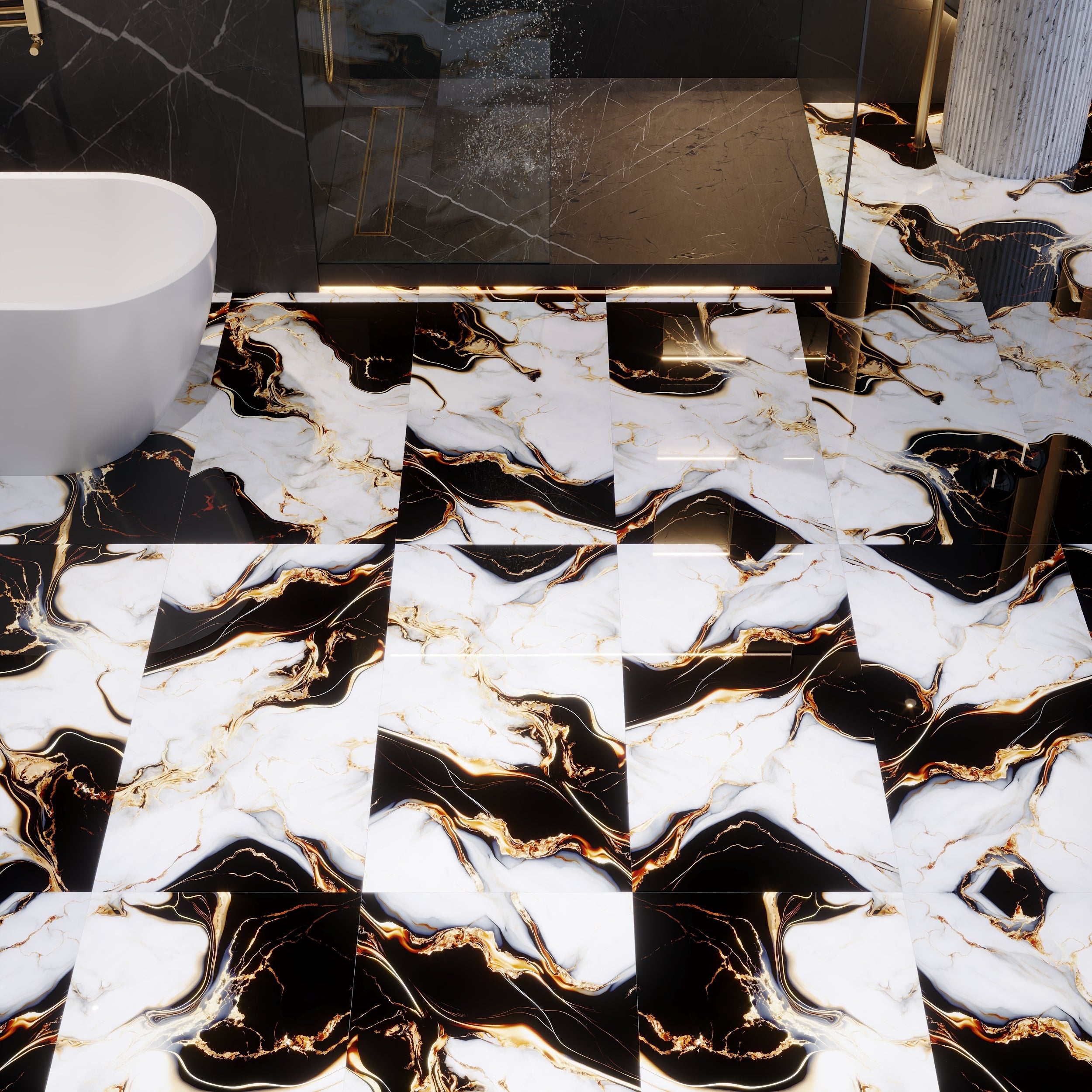 Large-format Ebilon Black Polished Porcelain Tiles for modern bathrooms, hallways, and living areas.