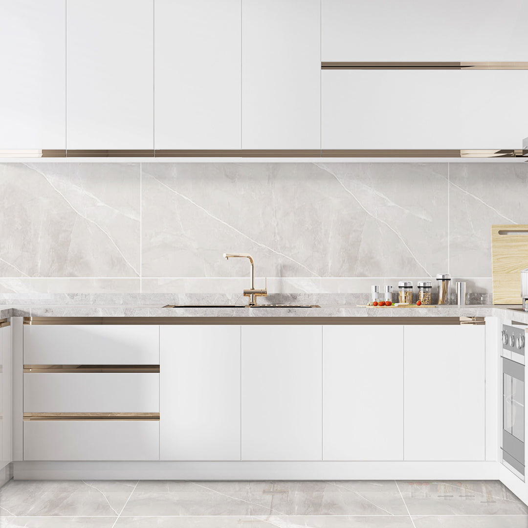Elegant Brenzo pure white kitchen wall tiles with glossy porcelain finish for refined interiors.