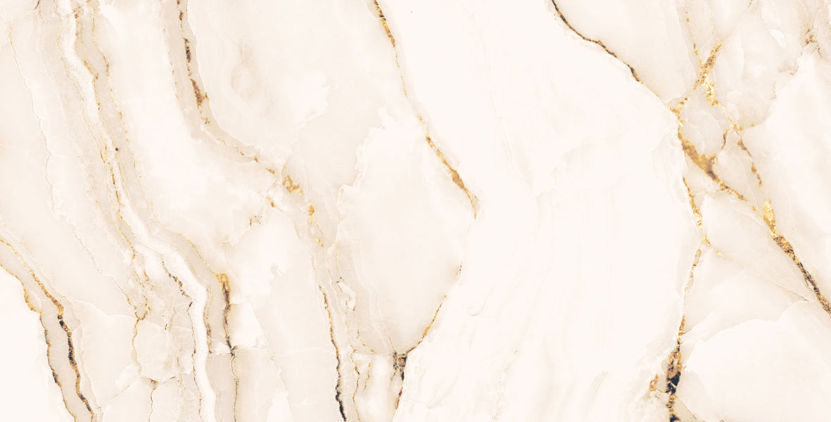 Elegant marble effect porcelain wall and floor tiles with glossy finish reflecting light in contemporary interiors