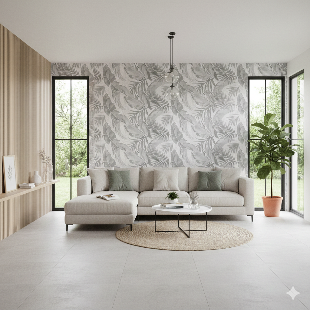 Elegant ceramic wall and floor tiles in soft white with decorative botanical patterns.