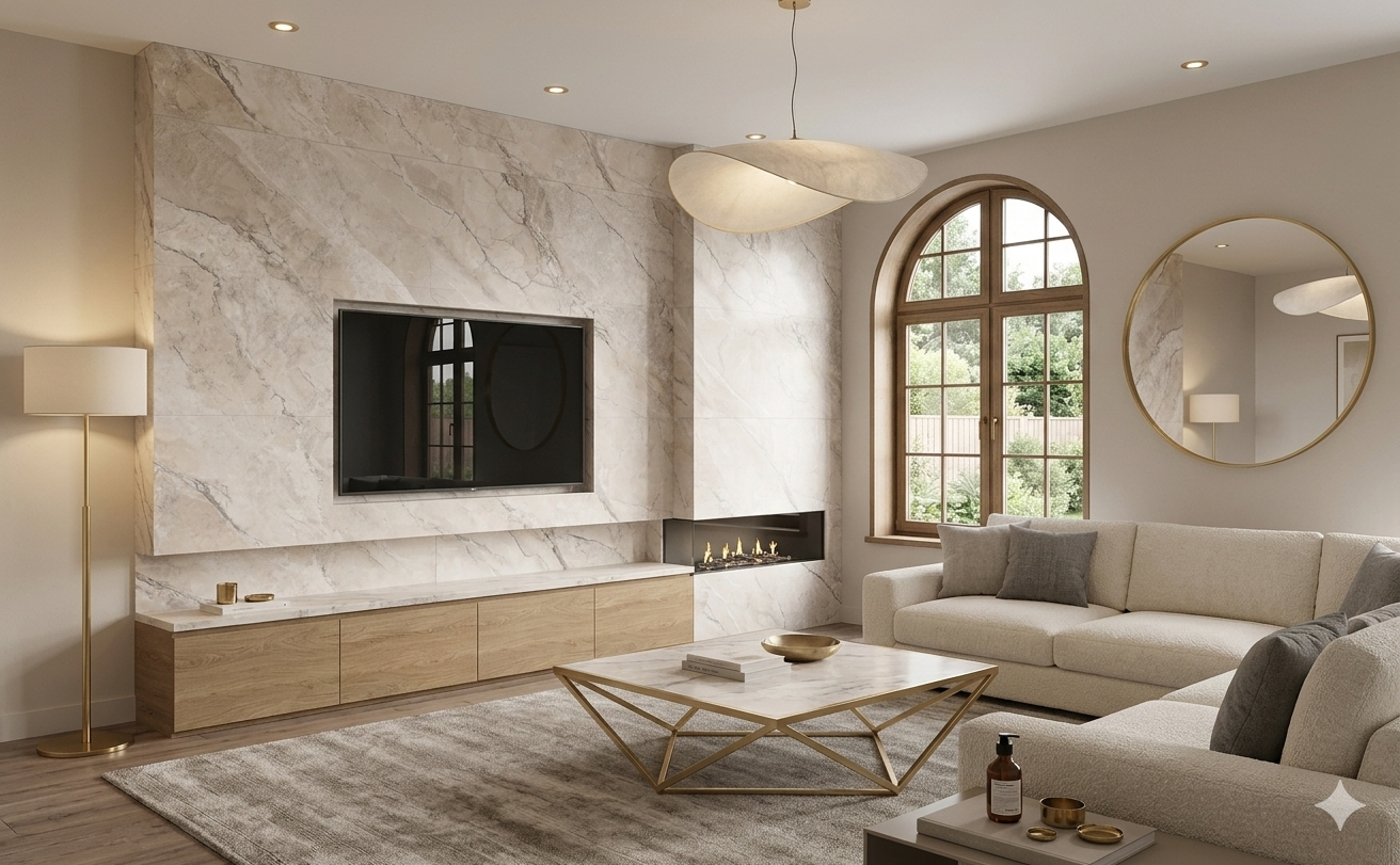 Endless beige marble effect porcelain wall and floor tiles with a carved finish for elegant interiors.