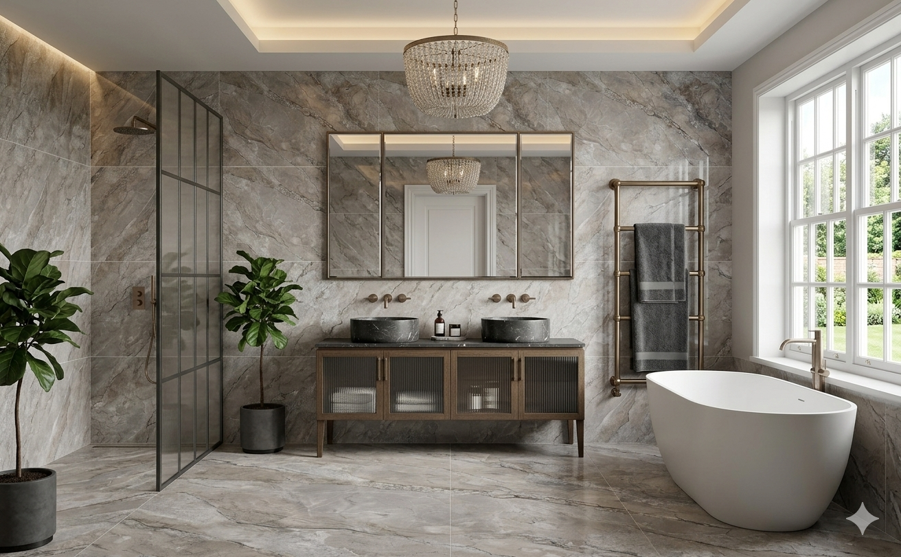 Endless grey marble effect porcelain wall and floor tiles with a carved finish for modern interiors.