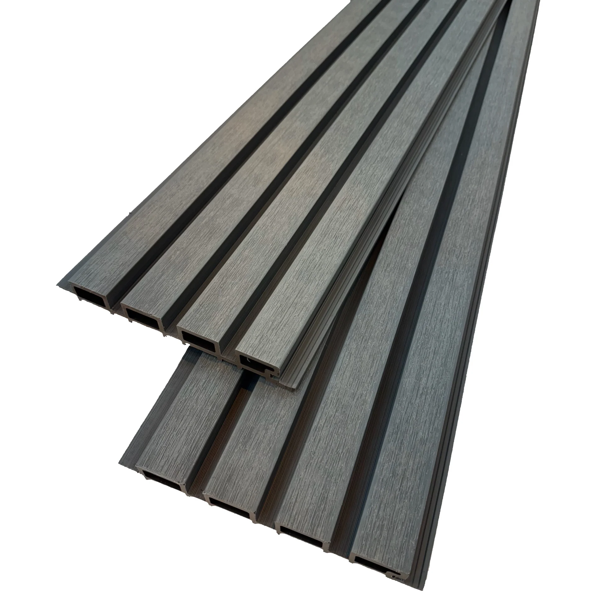 Exterior Wall Cladding blue grey composite panels, waterproof and UV-resistant wall solution with natural wood texture.