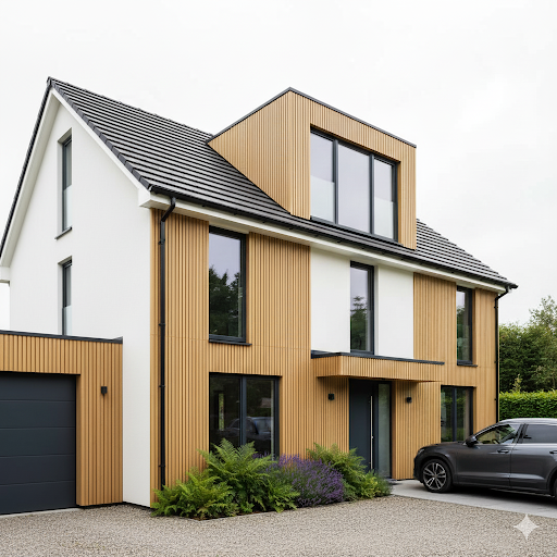 Exterior Wall Cladding with teak wood effect, composite boards for stylish outdoor and interior feature walls.