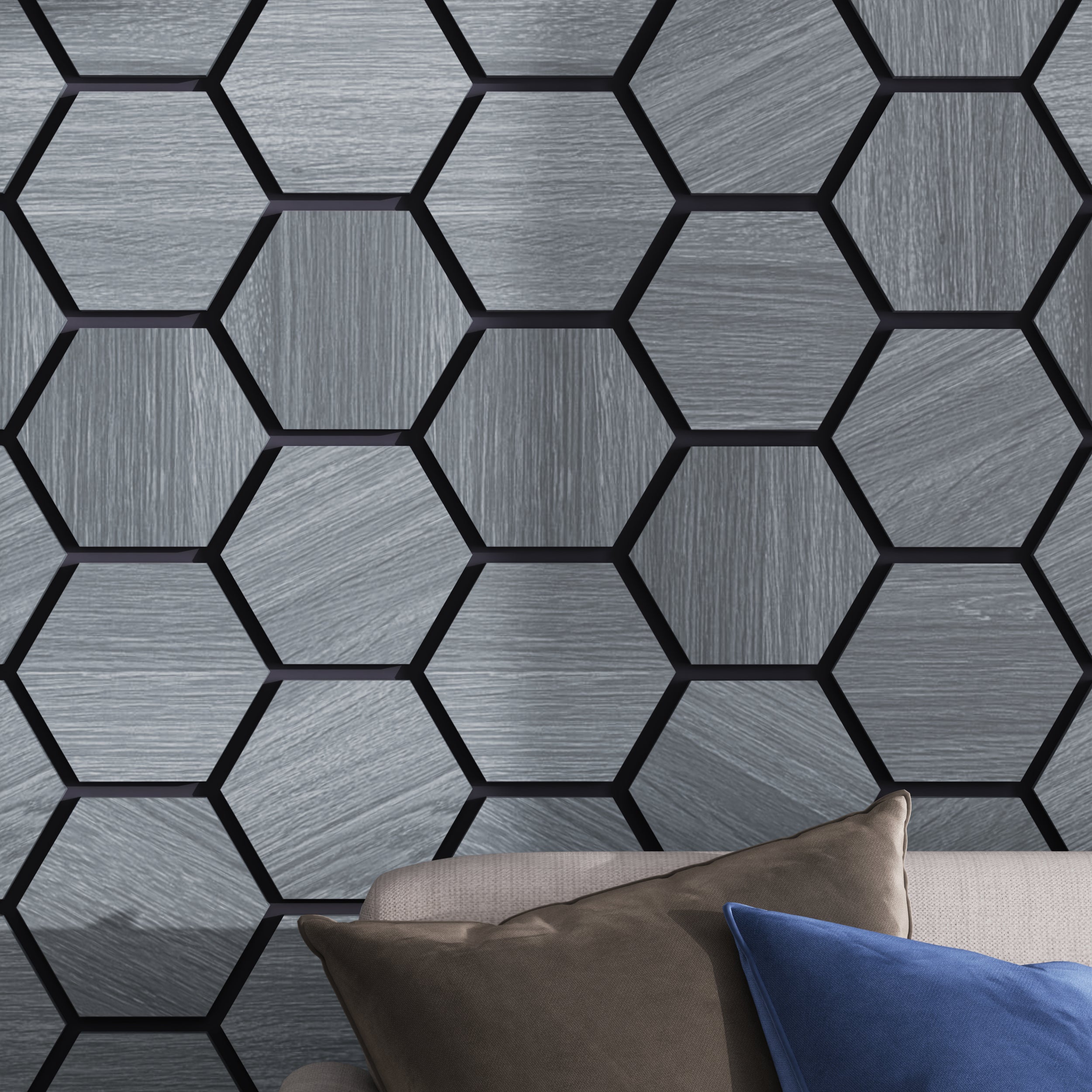 Felt-backed hexagon wood panels to reduce echo and enhance room acoustics.