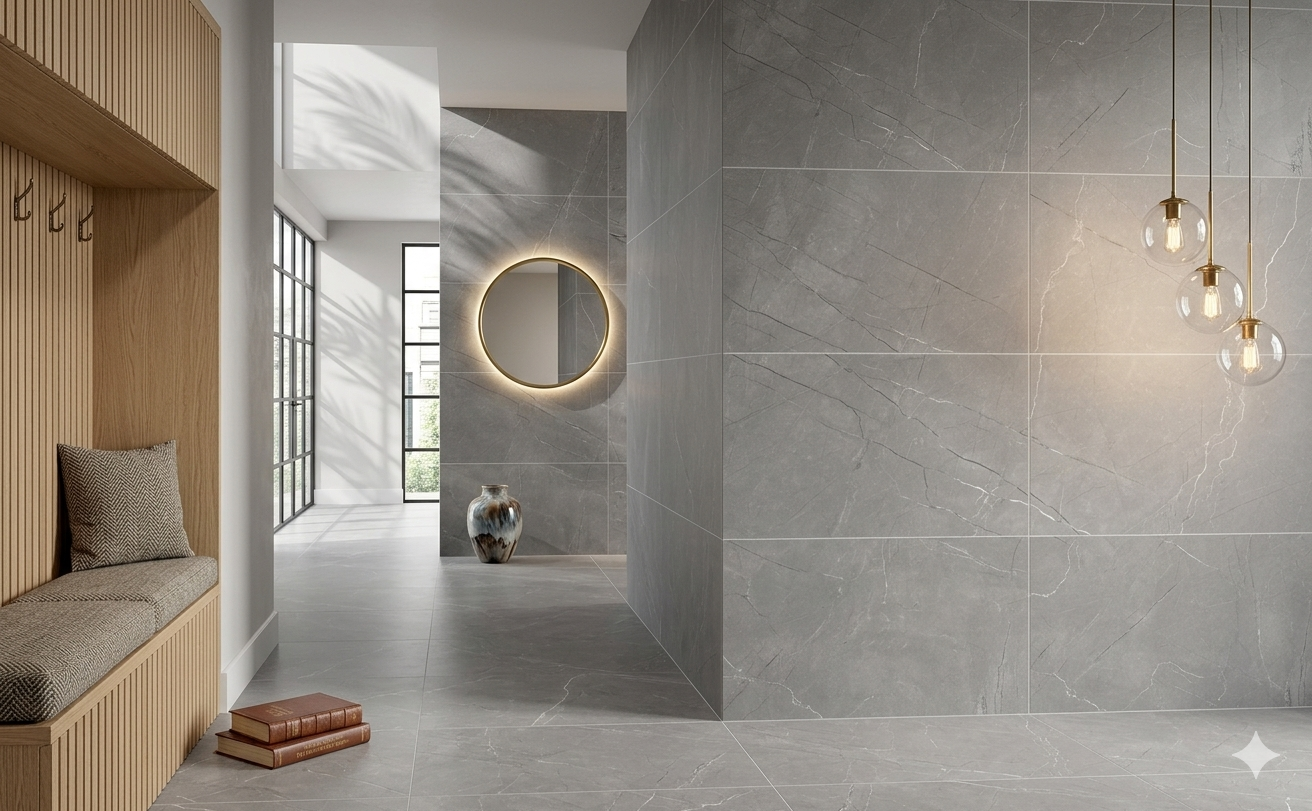 Fine Argenta grey glossy marble Porcelain wall and floor tiles for elegant modern interiors