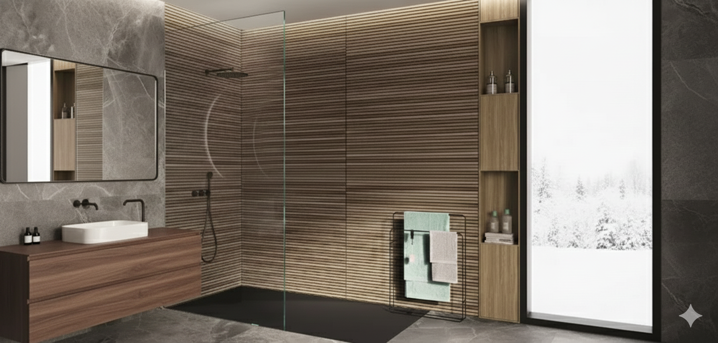 Finlandia Nuez Wood Effect Tiles for walls in natural wood tones, perfect for modern and classic interiors.