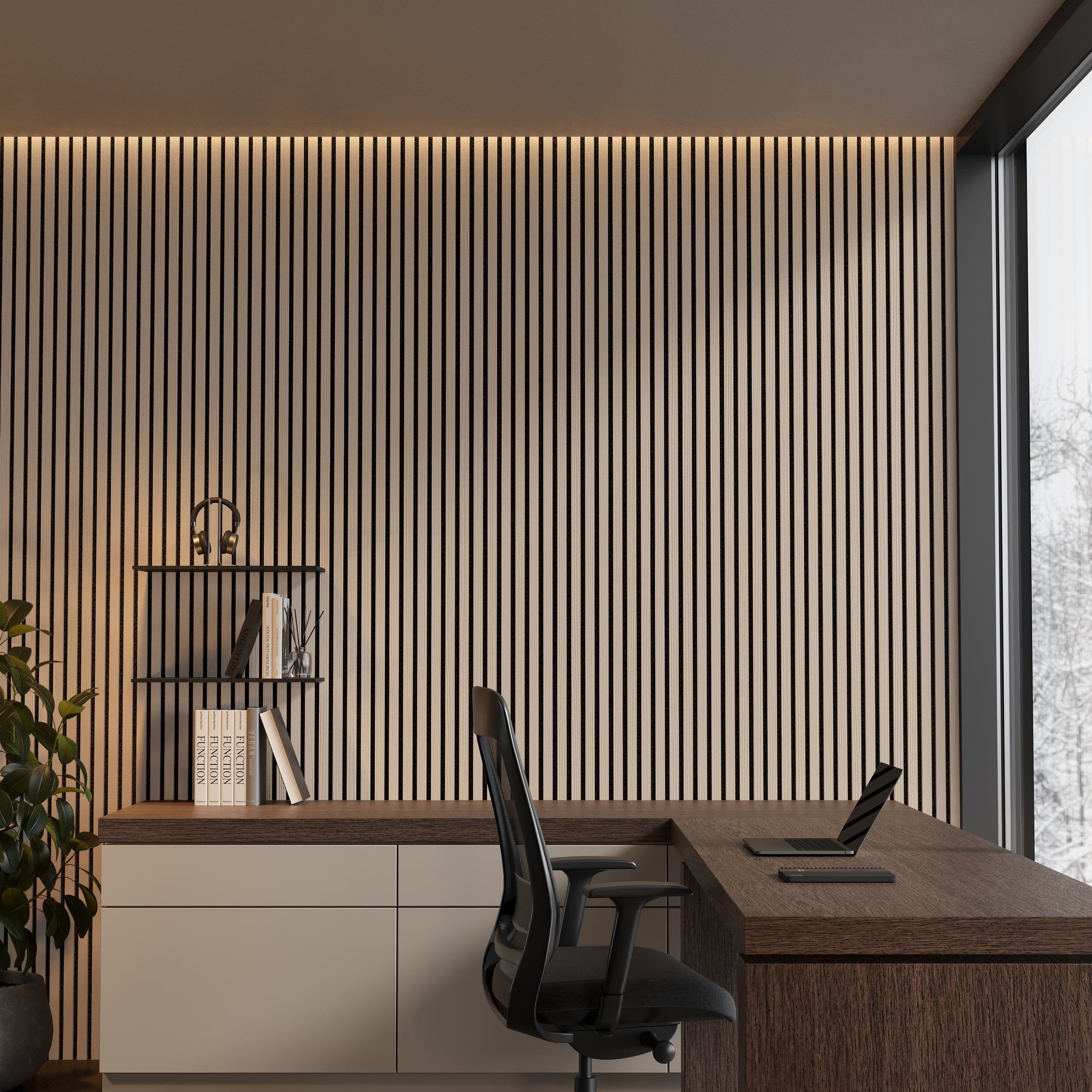 Fire-resistant light oak wooden wall panels for quiet, stylish, and comfortable interiors.