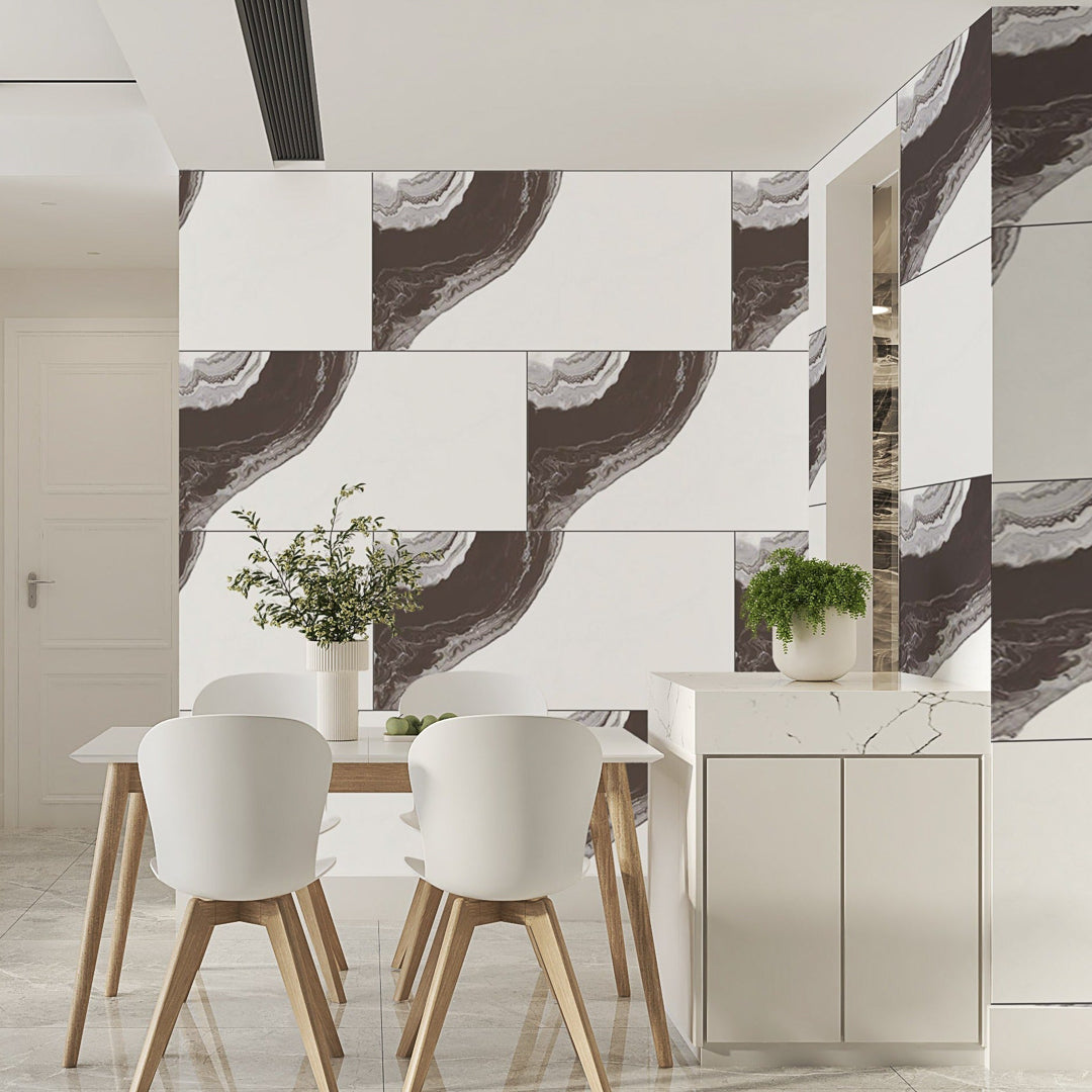 Florentina swirling grey patterned porcelain wall tiles with glossy marble effect for stylish interiors.
