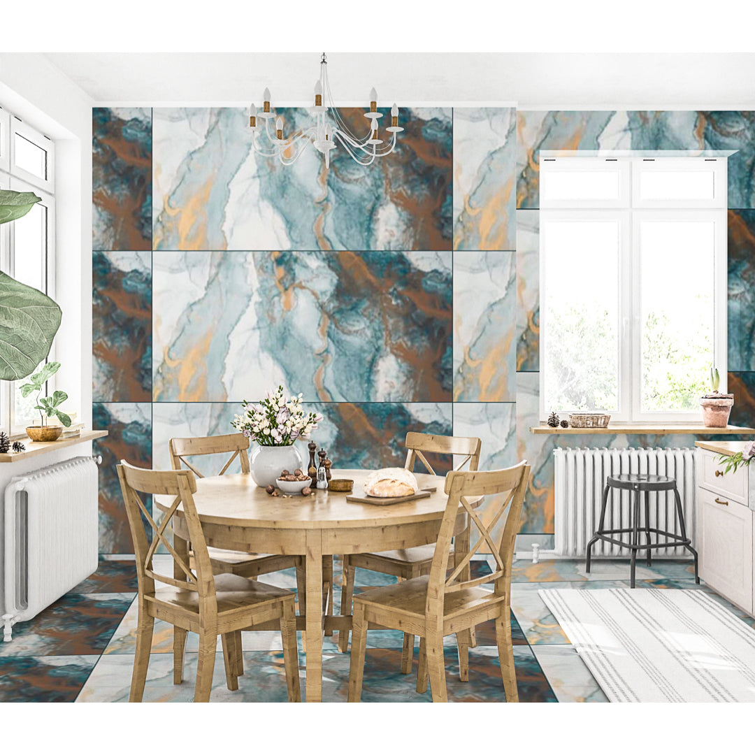 Fluid aqua ocean-inspired glossy wall tiles with flowing watercolor design for modern interiors.