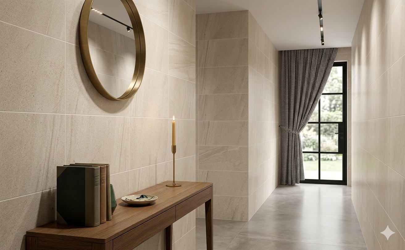 Fog Cream porcelain marble effect tiles with soft creamy tone and elegant geometric pattern for modern interiors